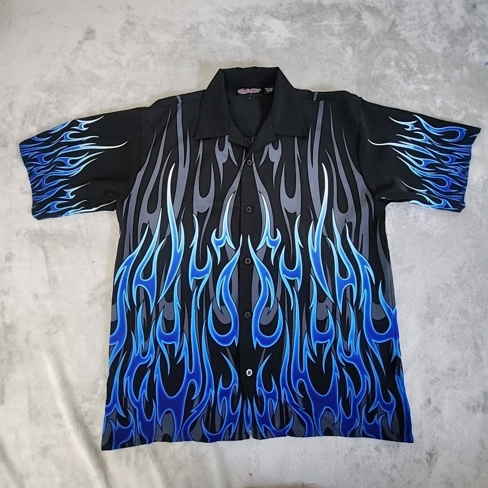 Vintage Sapphire Lounge‎ Shirt Mens Large Black Blue Flames Button Down Casual
